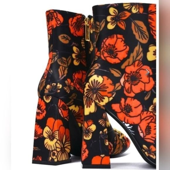 Women Flower Print Square Toe Chain Bit Buckle Block Heel Bootie - Picture 4 of 4